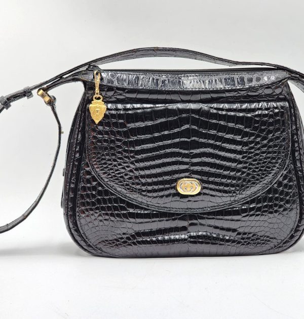 Gucci Vintage Black Crocodile Flap Women's Shoulder Bag
