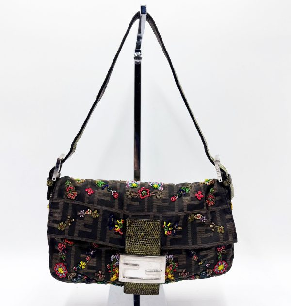 Fendi Rare Beaded Baguette Zucca Zucchino Shoulder Bag